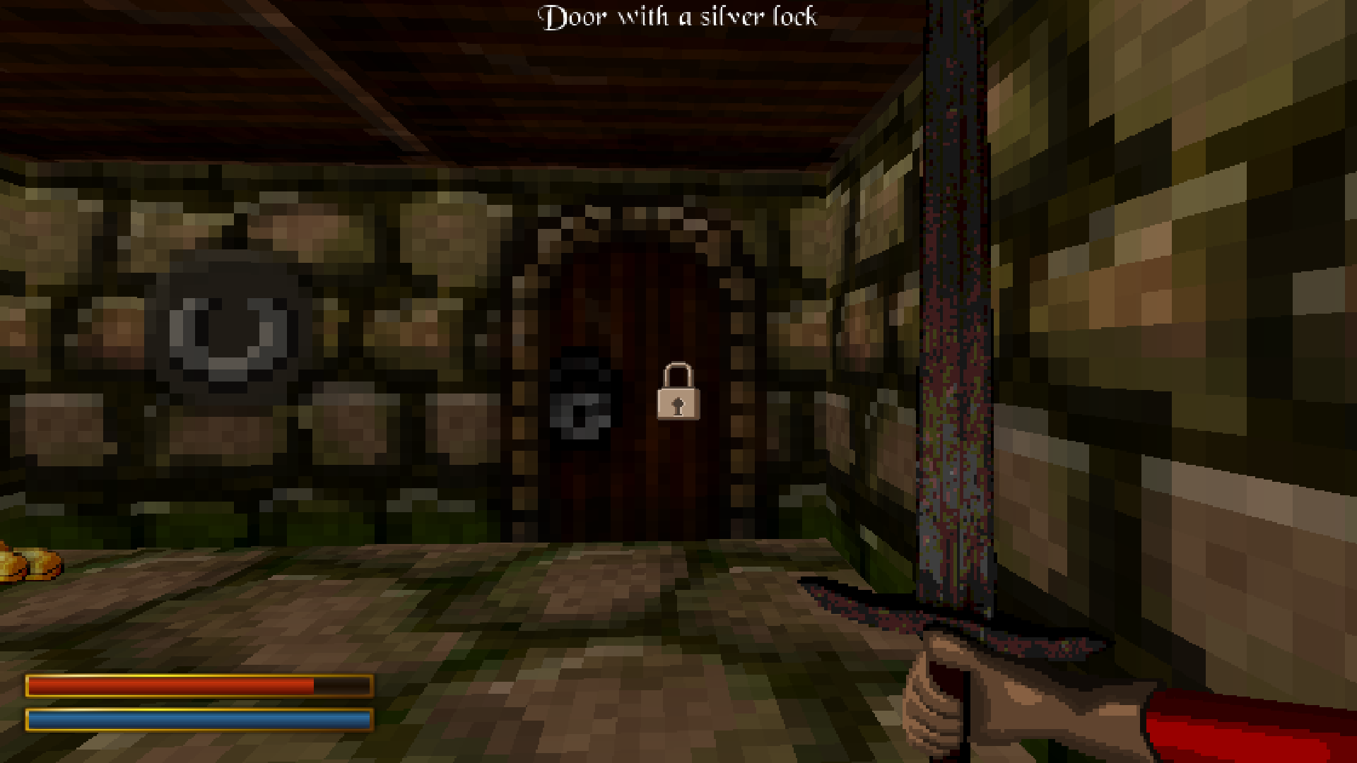 A screenshot of the game that shows a wooden door with a silver lock. The hint text says 'Door with a silver lock'.