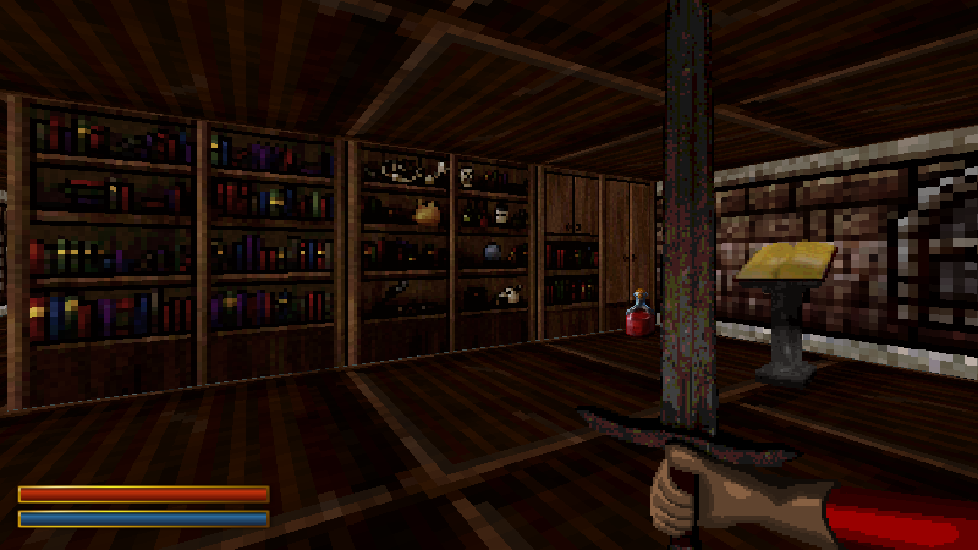 A screenshot that shows the new, dimmed version of the bookshelves with more variety, some closet doors, etc.