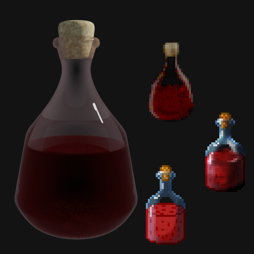 The image shows four bottles with a red liquid. On the left, there is a rendered bottle in ahigh resolution. On the top, there is a low-res version of the rendered bottle. On the bottom, there is the original potion sprite of the game. On the right-hand side, there is an updated version of the original bottle.