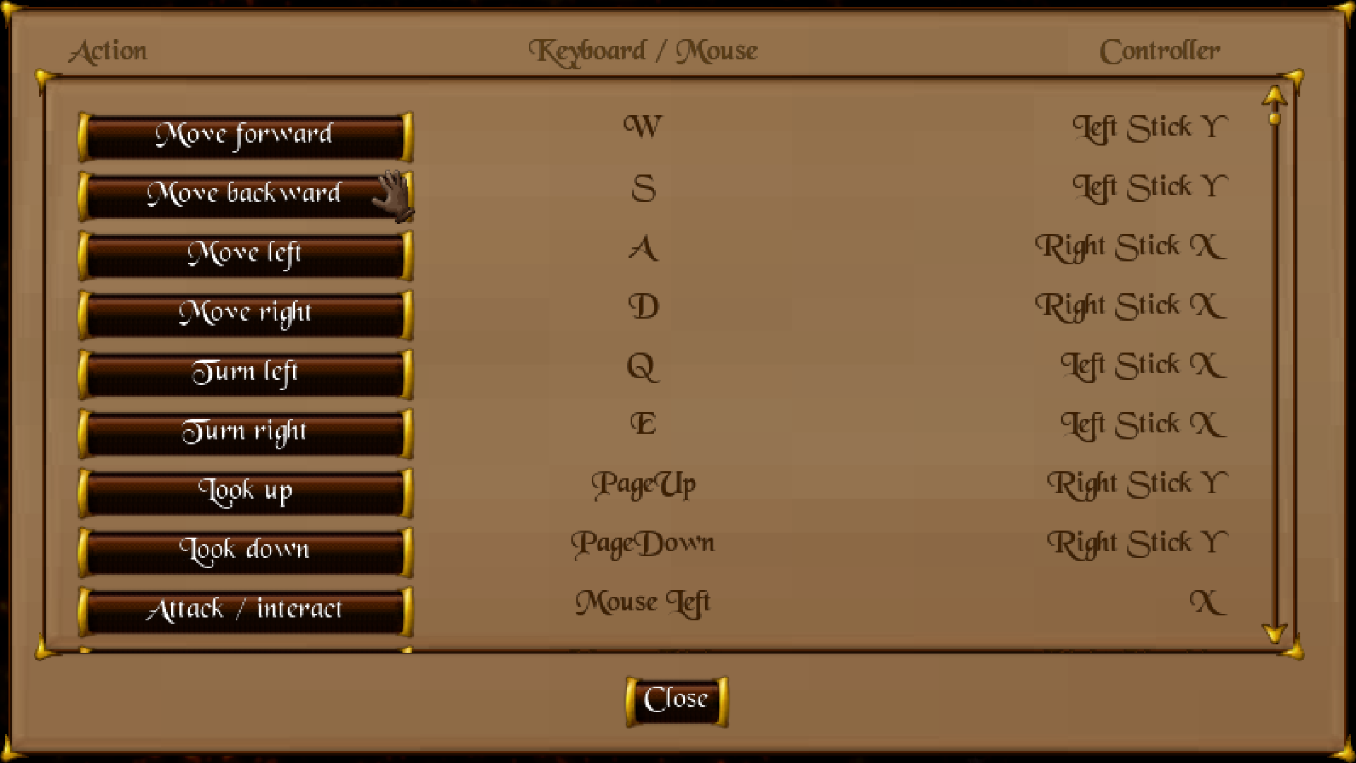The new controls menu of the game which allows the player to map keys and controller buttons to actions. There is a parchment-colored background and brown buttons with a hand that acts as a cursor for the controller.
