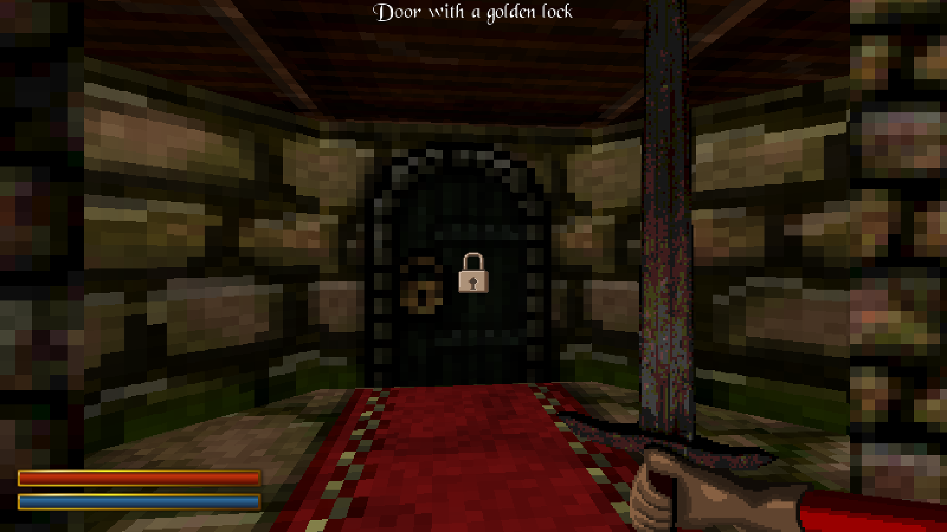 A screenshot of the game that shows a dark door with a golden lock. The hint text says 'Door with a golden lock'.