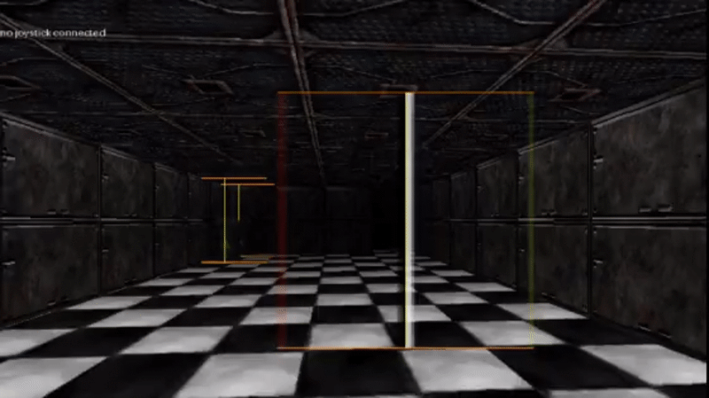 A short animation that shows how sprites moved unexpectedly relative to the camera before the correction. The game footage was recorded in a test scene with a checkerboard floor and scifi walls and ceiling textures.