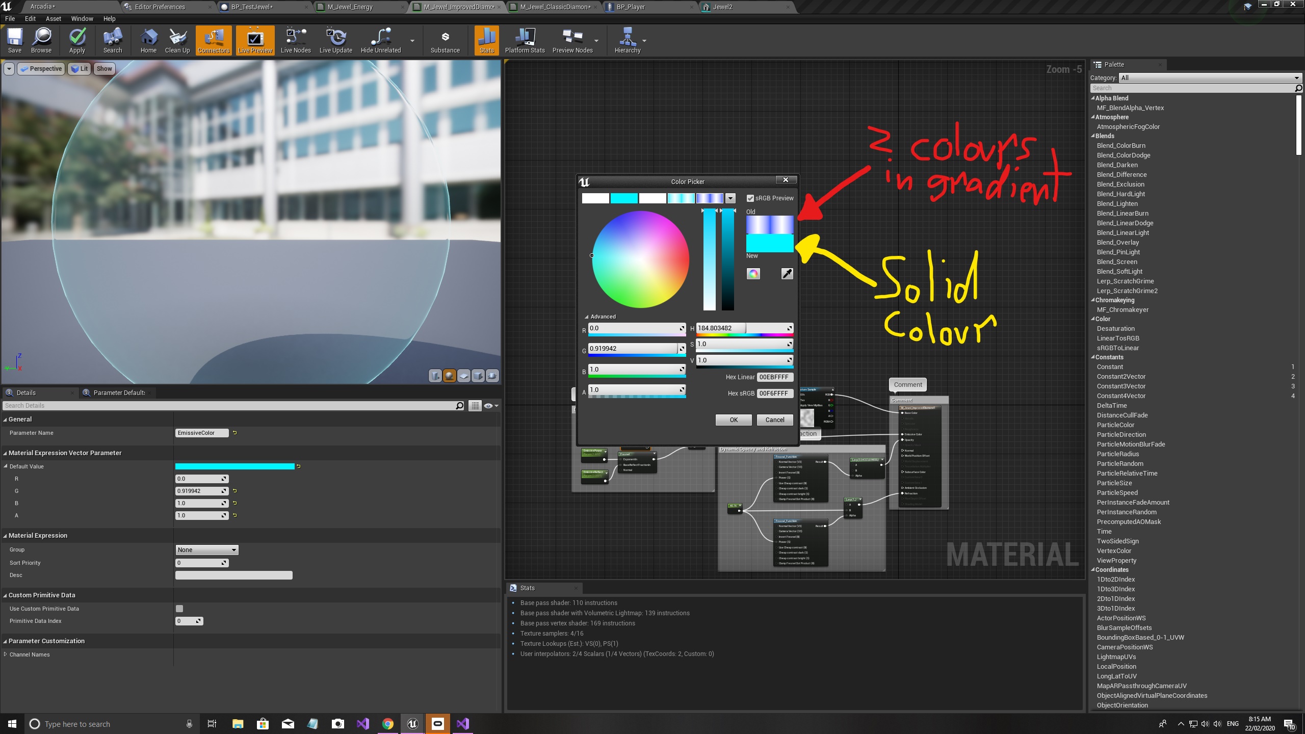 How can i create a colour in blueprints for a material in Unreal which consists of 2 colours that create a gradient?