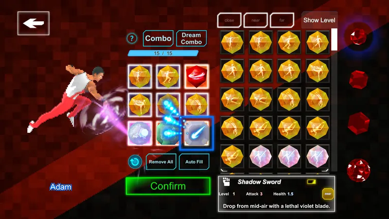Gem Warrior R skill-gem loadout screen showing selectable attacks.