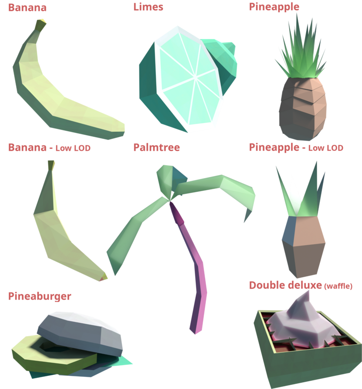 Low poly foods and a palm-tree