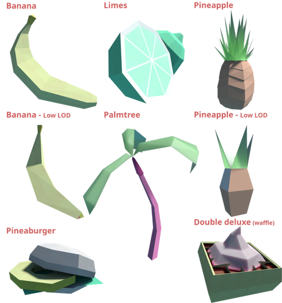 Low poly foods and a palm-tree