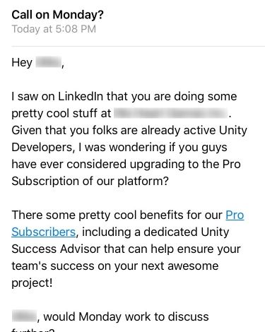An email claiming to have seen the developer's project on LinkedIn and offering a Unity license upgrade.
