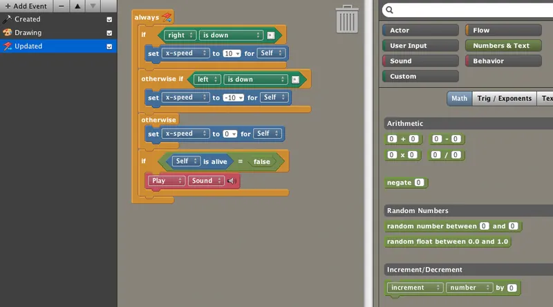 Logic blocks in the Stencyl editor