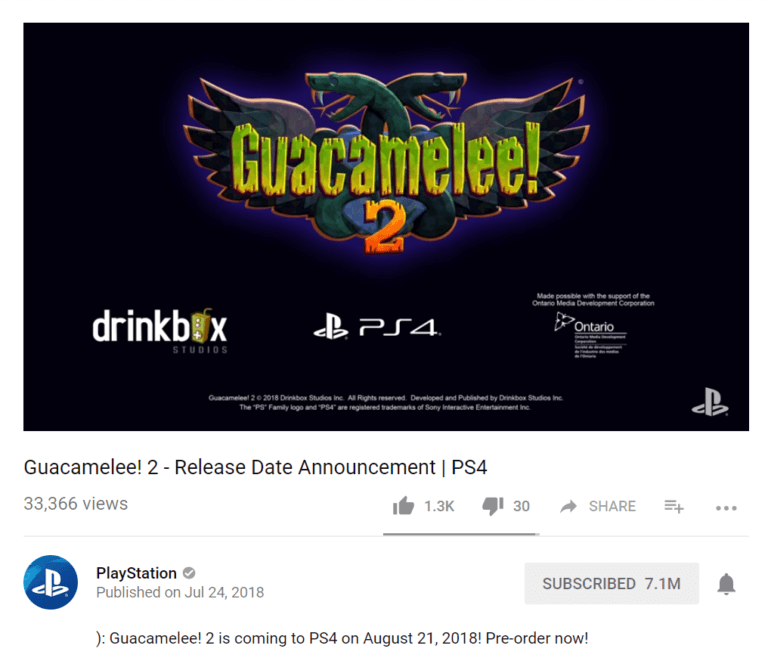 Guacamelee! 2 partnered with Platstation's Youtube channel
