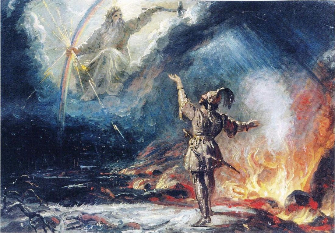 Painting by Robert Ekman in 1867 called Lemminkäinen tulisella järvellä where Lemminkäinen asks help from Ukko ylijumala with crossing the lake in fire on his route to Pohjolan häät.