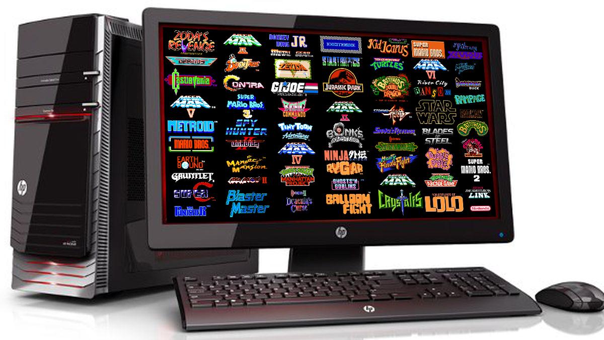  A desktop computer with a black keyboard and mouse, displaying a list of retro PC game emulators available on the App Store.